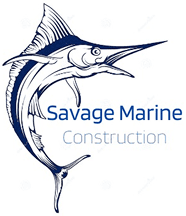 Swordfish logo, Savage Marine Construction text.