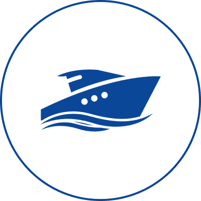 Blue boat icon on white circular background.